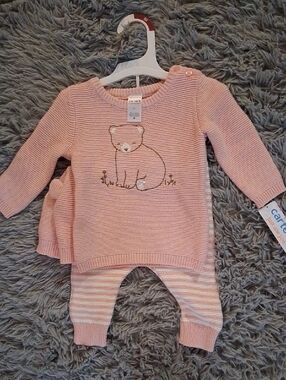 Carter's Pale Pink Knit Bear Sweater and Striped Pants Set